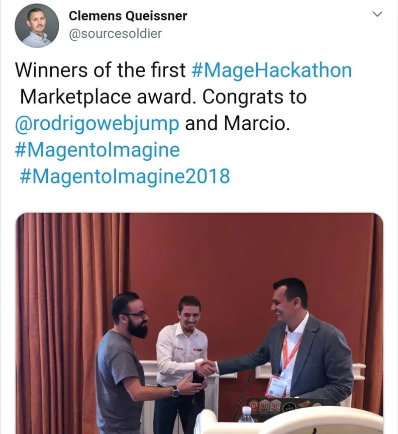 MageHackathon Marketplace award ceremony at Magento Imagine 2018 — Marcio Maciel and Webjump team